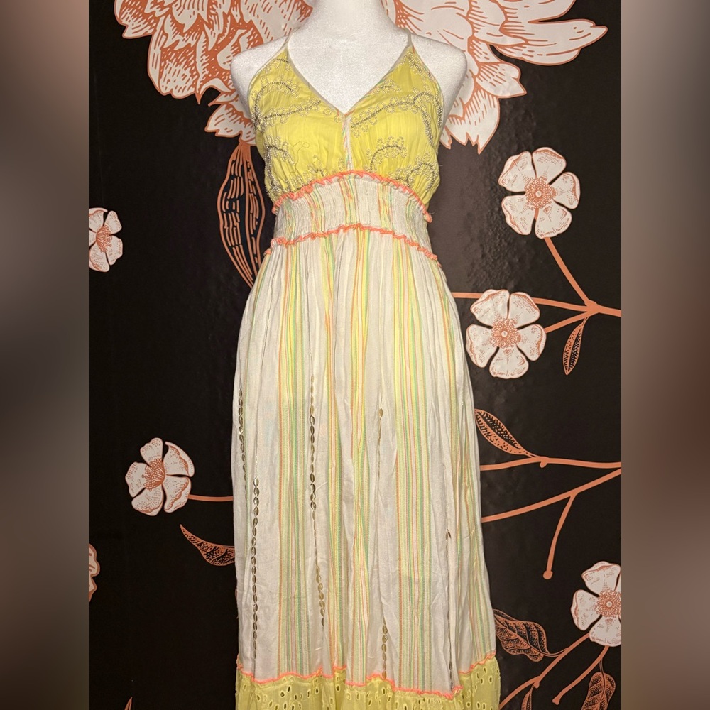 Papa Pia Yellow & White Striped Maxi Halter Dress with Pastel Neon Accents